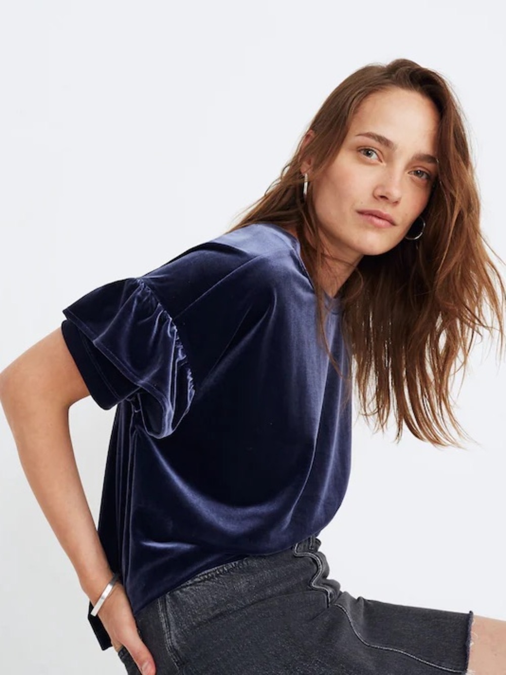 Madewell Black Velvet Short-Sleeve Tee with Puff Sleeves